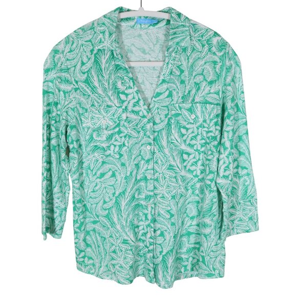 J MCLAUGHLIN Green Floral Linen Blend Button Up 3/4 Sleeve Knit Top Size M - Picture 1 of 7